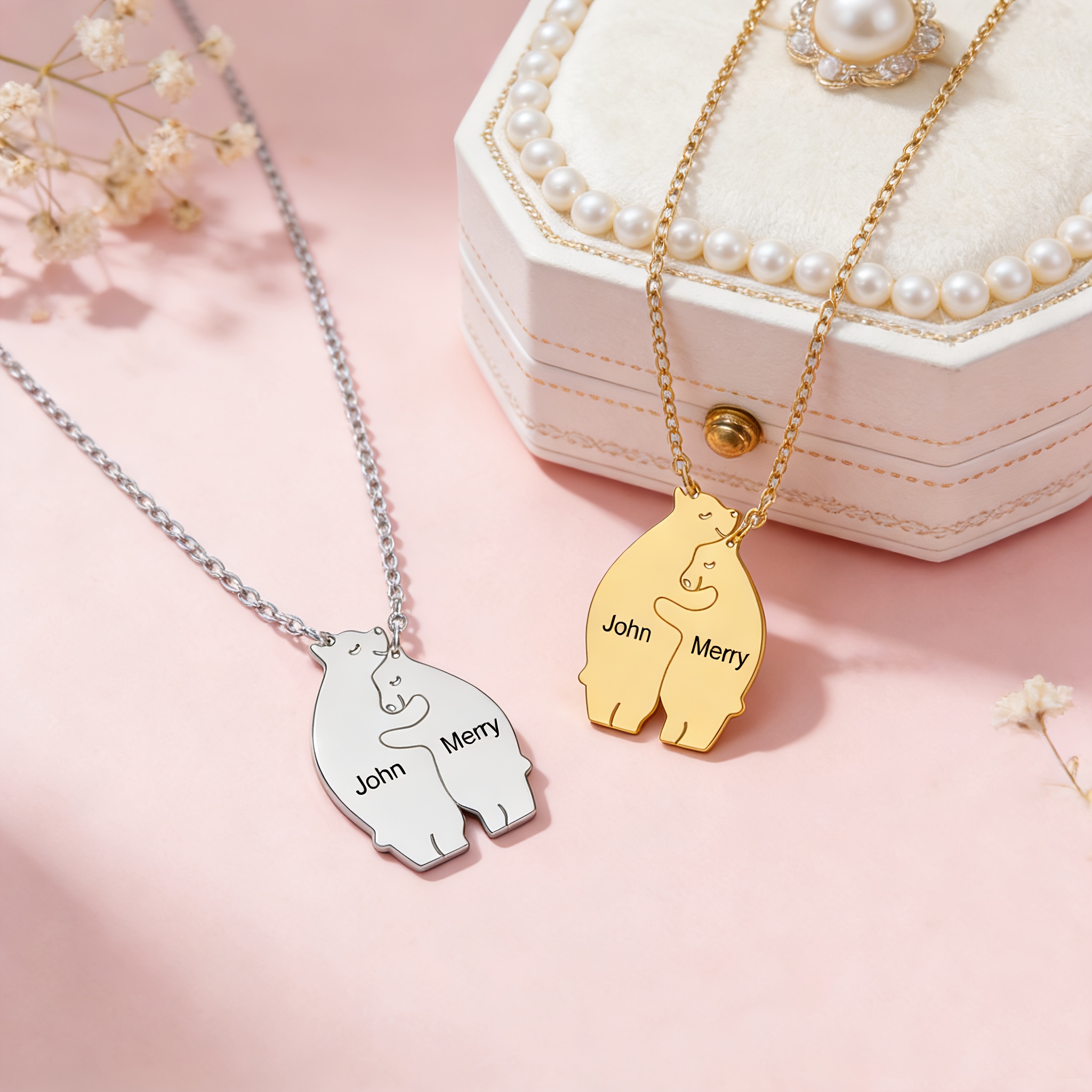 2pcs Personalized Custom Animal Bear Pendant Matching Necklace Set